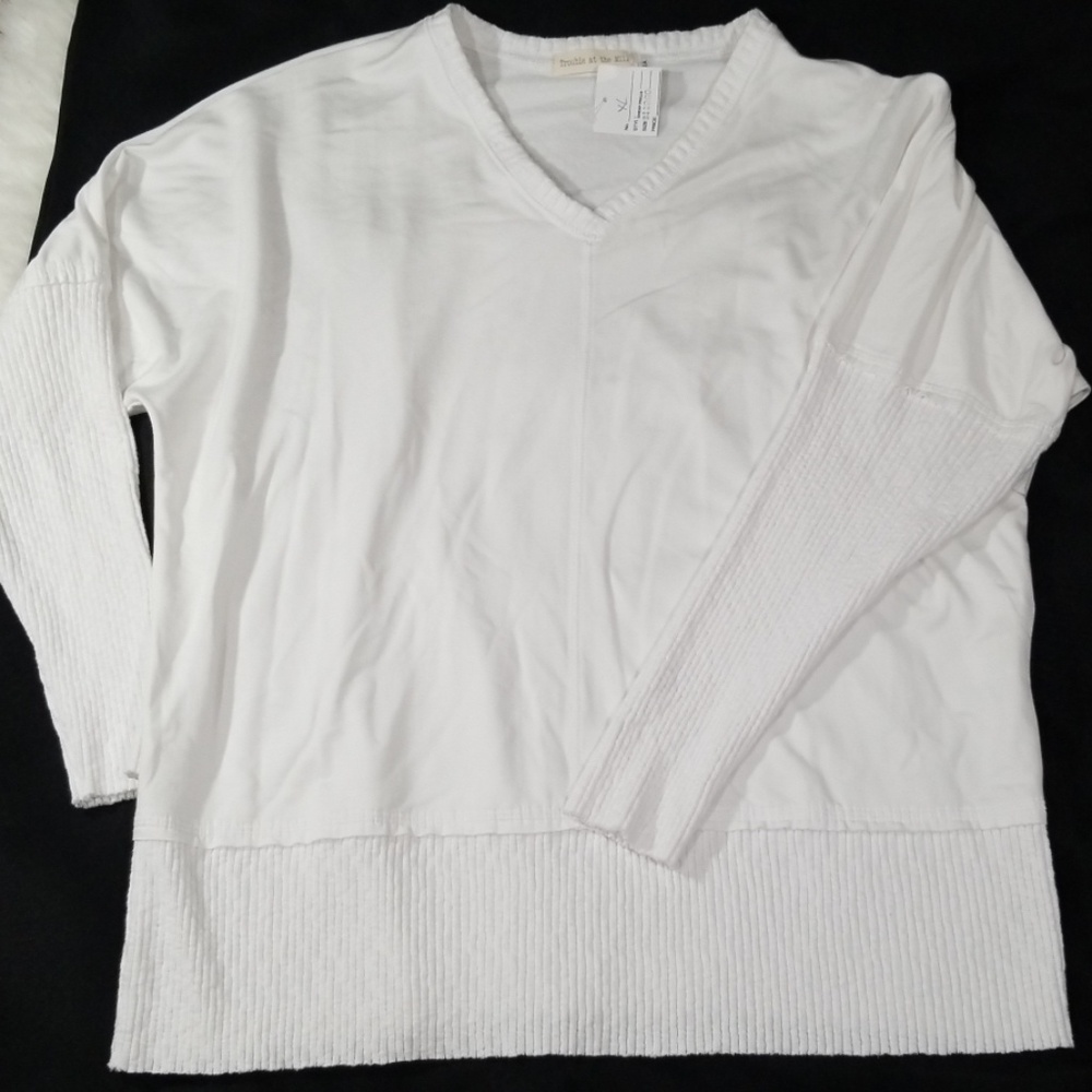 Trouble at the Mill white V neck sweater. Size XL